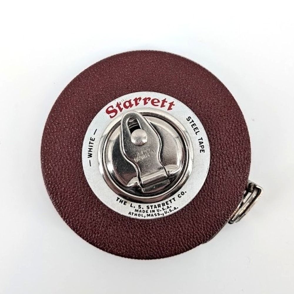 Starrett Vintage Steel Tape Measure White Blade Manual Wind Made in USA 50ft